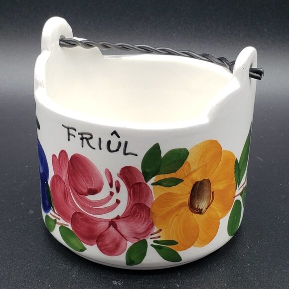 Italian Decorato A Mano Zoppola Friûl Floral Ceramic Metal Handle Basket Planter - Picture 5 of 9